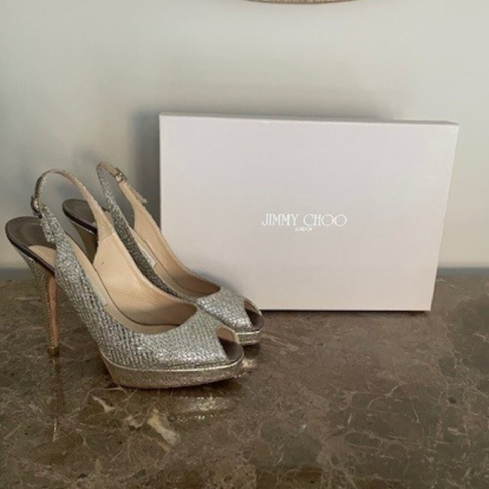 Jimmy Choo CLUE Champagne Platform PeepToe Slingback Heels – Sz 7.5